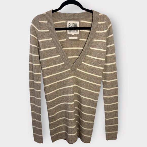 Ruehl No. 925 Cashmere Blend Striped V-Neck Tunic Sweater Sz M Longline Neutral - Picture 1 of 5